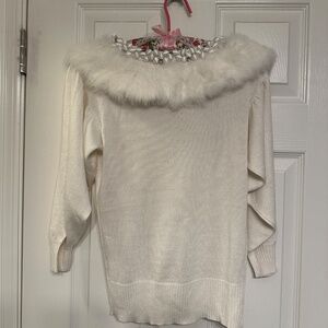 Alberto Makali Ivory Sparkle Sweater/Faux Fur Collar/Satin Embellishments/Sz:S